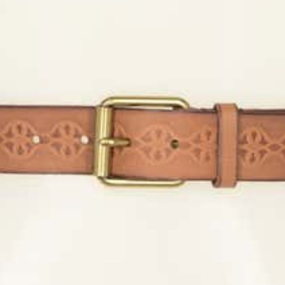 Frye Embellished Leather Buckle Belt Tan Gold Size Large NEW - Picture 2 of 9